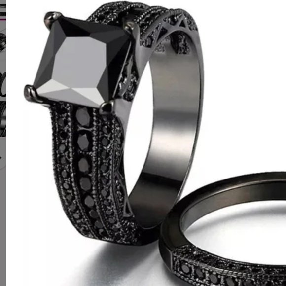 Women’s Princess Cut Lab Created Black Sapphire Set Ring and Band  various NWT - Picture 4 of 5